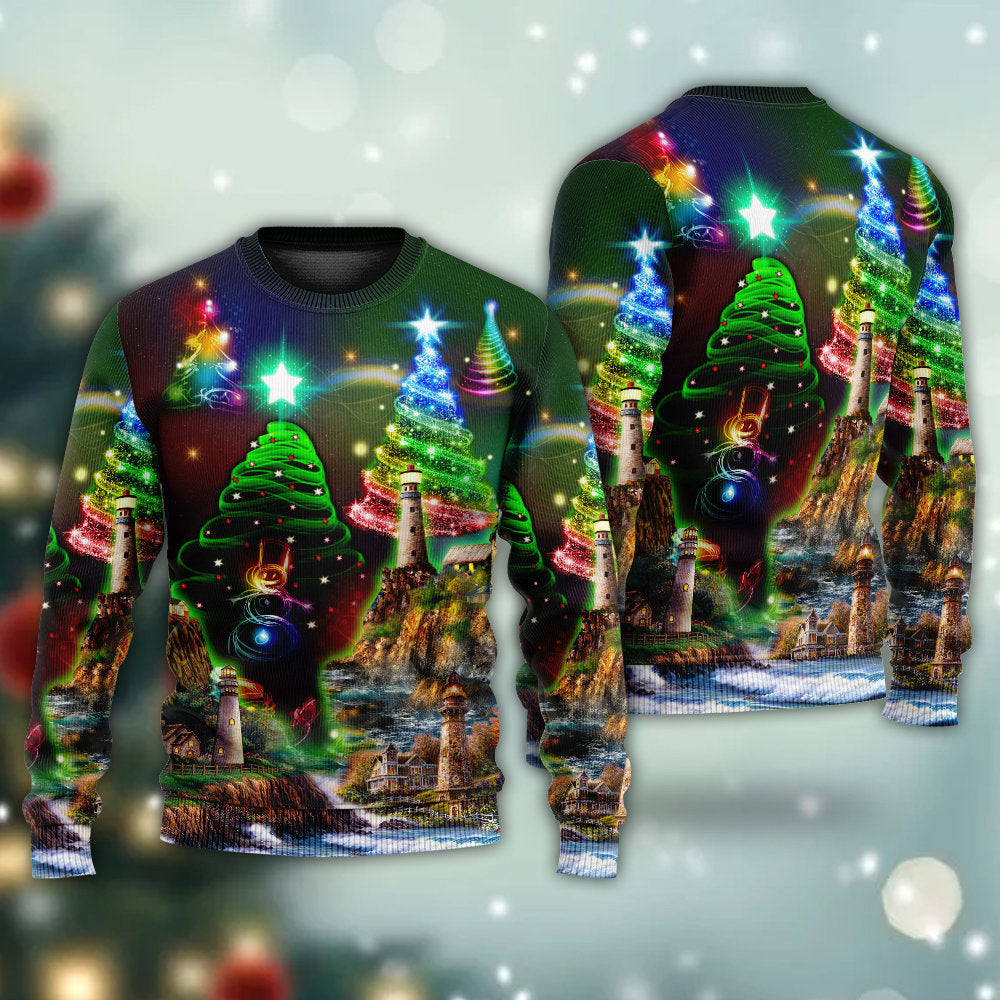 Lighthouse And Merry Christmas Happy - Sweater - Ugly Christmas Sweaters - Owls Matrix LTD