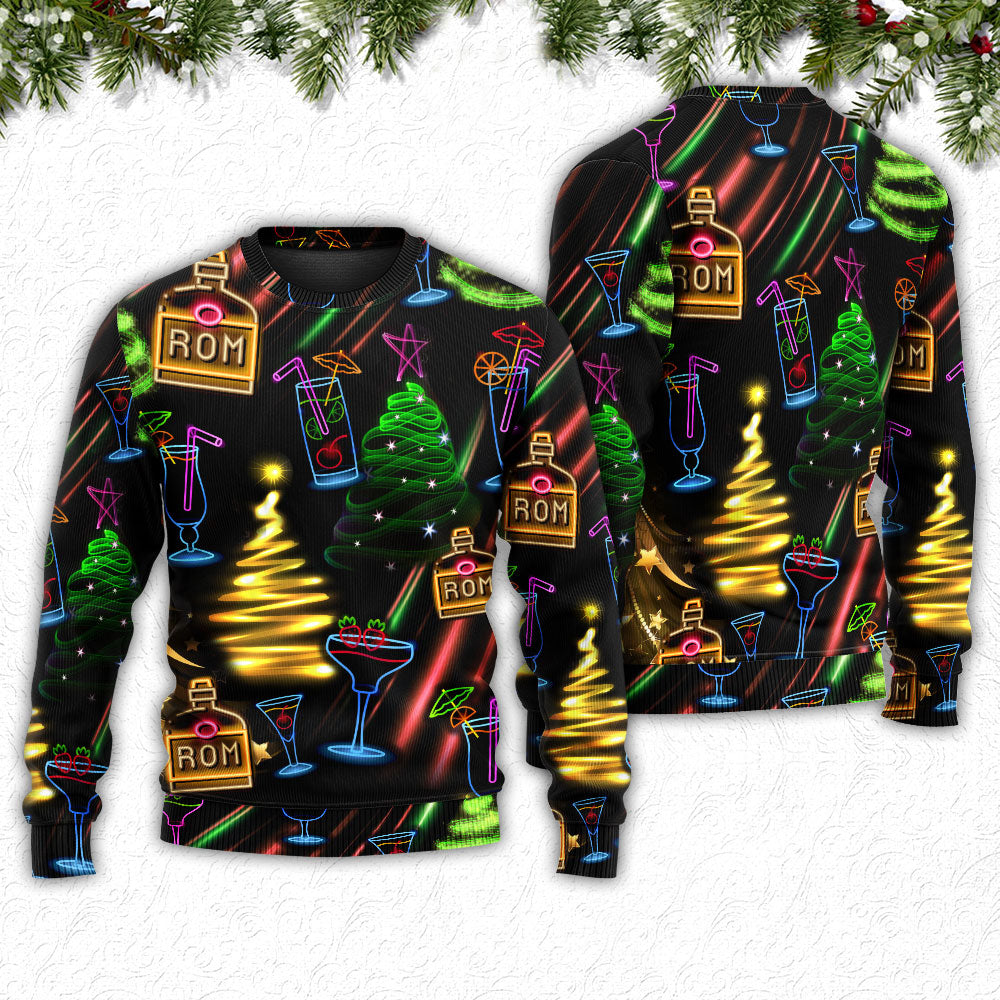 Wine Rum Christmas Neon Art Drinking - Sweater - Ugly Christmas Sweaters - Owls Matrix LTD