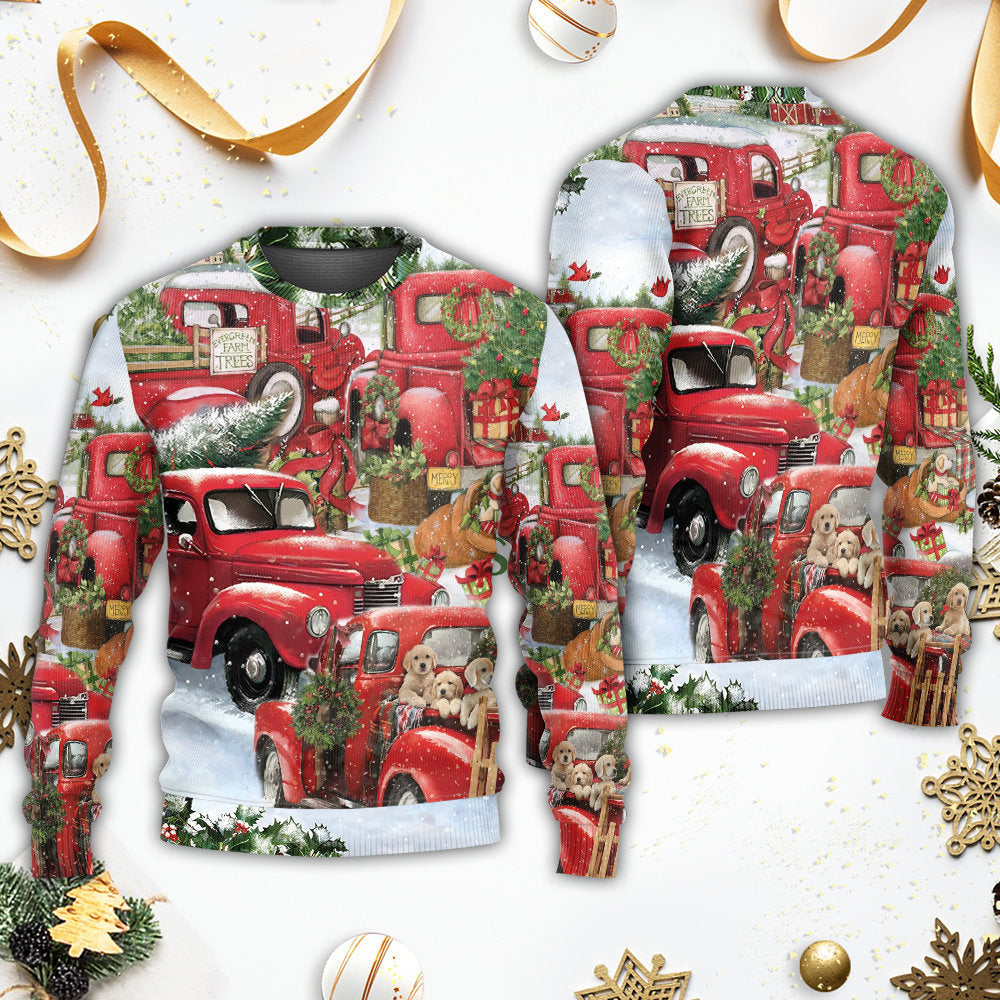 Christmas Red Truck With Xmas Tree And Little Puppy - Sweater - Ugly Christmas Sweaters - Owls Matrix LTD
