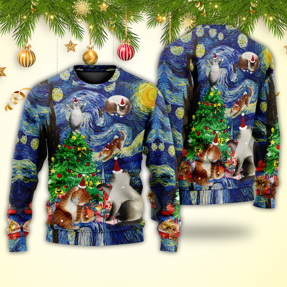 Christmas Cat Playing In Starry Night - Sweater - Ugly Christmas Sweaters - Owls Matrix LTD