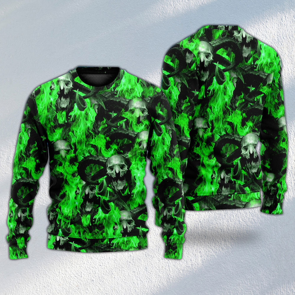 Skull Green Flame Burn - Sweater - Ugly Christmas Sweaters - Owls Matrix LTD