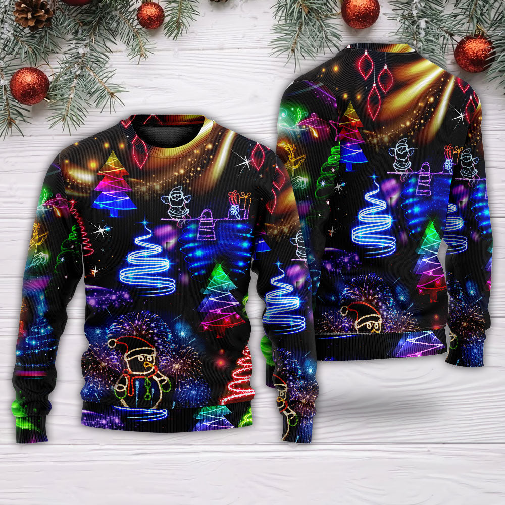 Christmas Neon Art Santa And Snowman - Sweater - Ugly Christmas Sweaters - Owls Matrix LTD