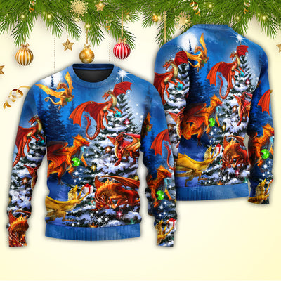 Christmas Dragon Family In Love Light Art Style - Sweater - Ugly Christmas Sweaters - Owls Matrix LTD