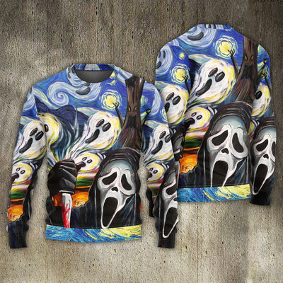 Halloween Ghost Scream Starry Night Funny Boo Art Style - Sweater - Ugly Christmas Sweaters - Owls Matrix LTD