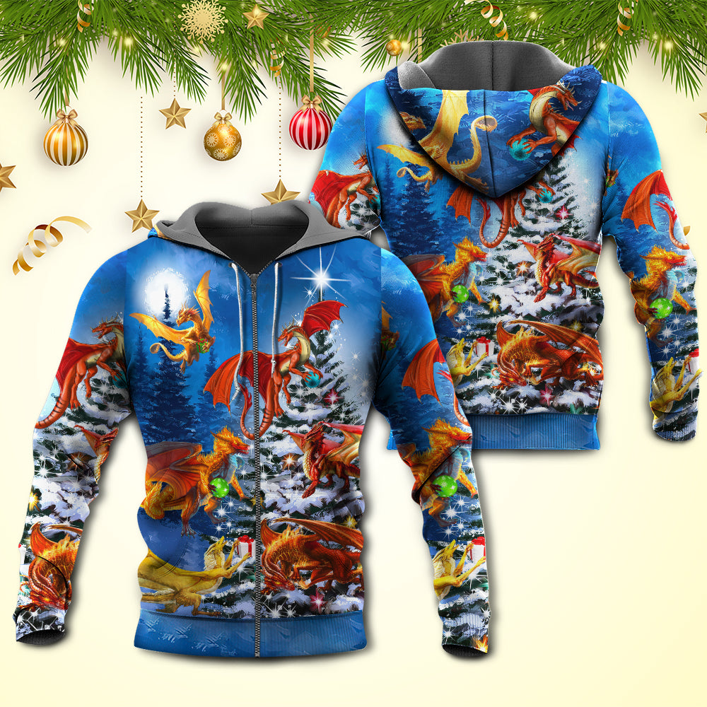 Christmas Dragon Family In Love Light Art Style - Hoodie - Owls Matrix LTD
