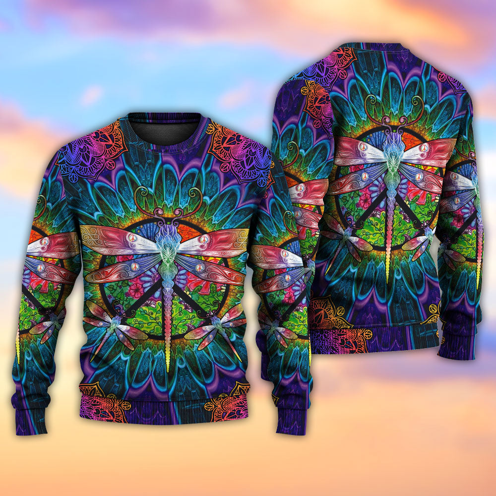 Hippie Colorful Dragonfly Mandala Peace Life - Sweater - Ugly Christmas Sweaters - Owls Matrix LTD