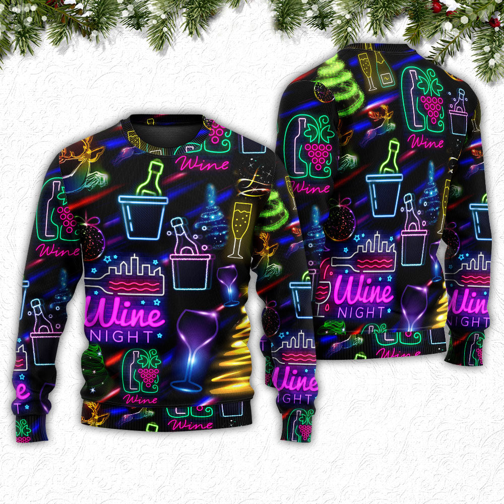 Wine Christmas Neon Art Drinking - Sweater - Ugly Christmas Sweaters - Owls Matrix LTD