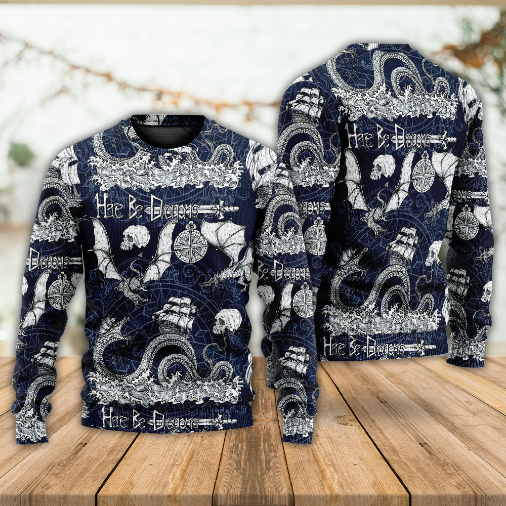 Dragon With Skull Old Ship Sea Life - Sweater - Ugly Christmas Sweaters - Owls Matrix LTD