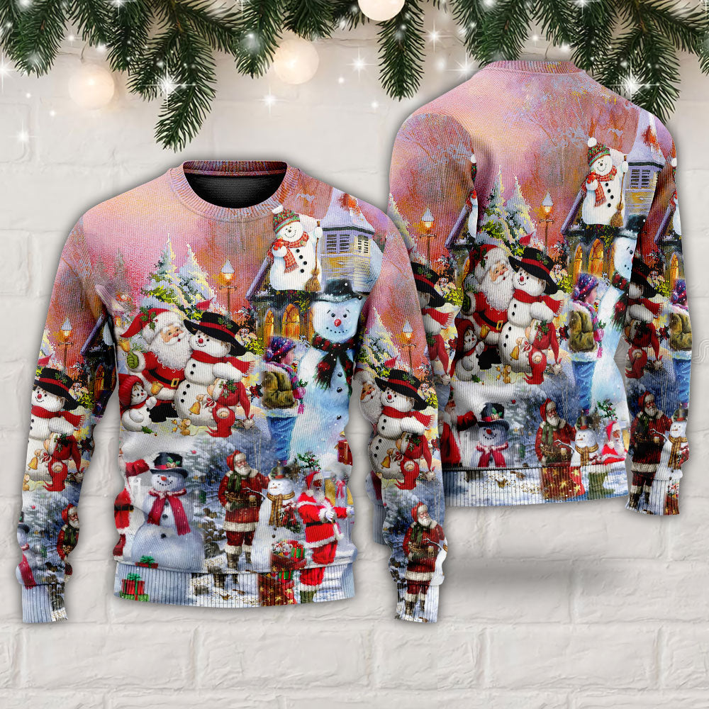 Santa And Snowman Christmas Snow Village - Sweater - Ugly Christmas Sweaters - Owls Matrix LTD
