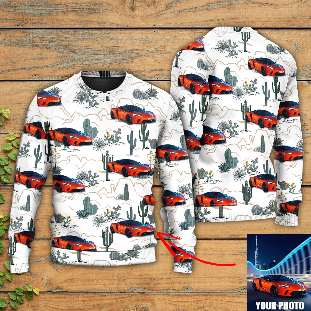 Car Desert With Mountains Blooming Cacti Opuntia And Saguaro Custom Photo - Sweater - Ugly Christmas Sweaters - Owls Matrix LTD