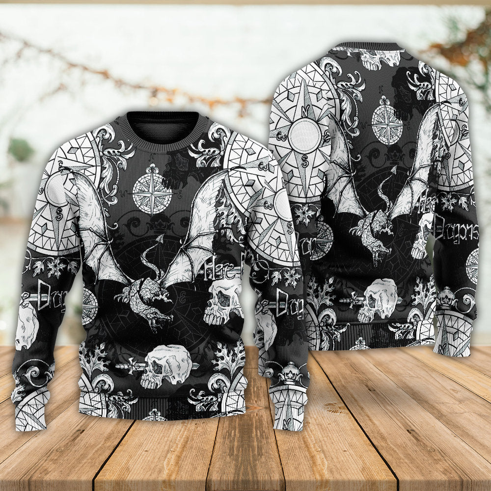 Dragon Snorting Fire Gothic Nautical Compass And Baroque - Sweater - Ugly Christmas Sweaters - Owls Matrix LTD