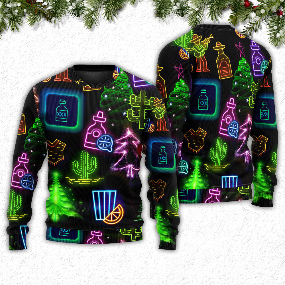 Wine Tequila Christmas Neon Art Drinking - Sweater - Ugly Christmas Sweaters - Owls Matrix LTD