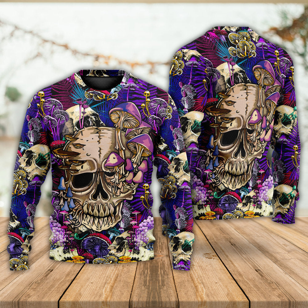 Mushroom Crazy Bright Magic Psychedelic Skull - Sweater - Ugly Christmas Sweaters - Owls Matrix LTD