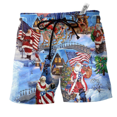 Beach Short / Adults / S America Christmas Patriotic Santa Claus - Beach Short - Owls Matrix LTD