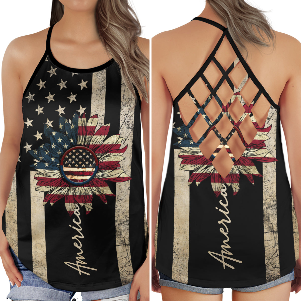 S America Independence Day Happiness Sunflower - Cross Open Back Tank Top - Owls Matrix LTD