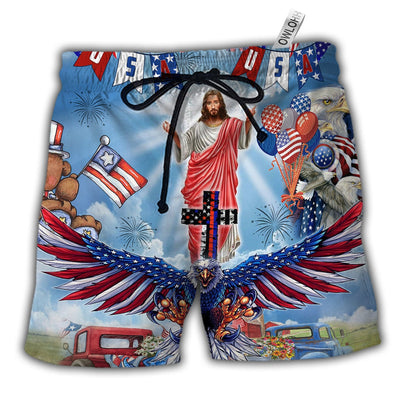 Beach Short / Adults / S Jesus America Patriotism Jesus Eagle - Beach Short - Owls Matrix LTD