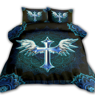 US / Twin (68" x 86") Jesus Angel Wing And Cross Christian Mandala - Bedding Cover - Owls Matrix LTD