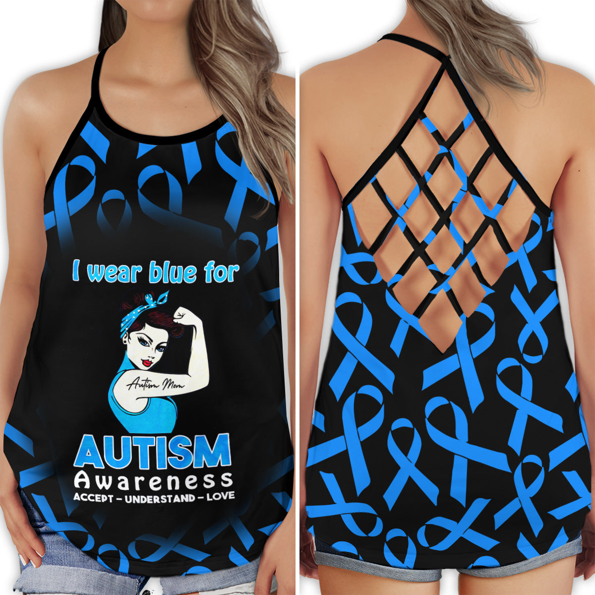 S Autism Love I Wear Blue For Autism - Cross Open Back Tank Top - Owls Matrix LTD