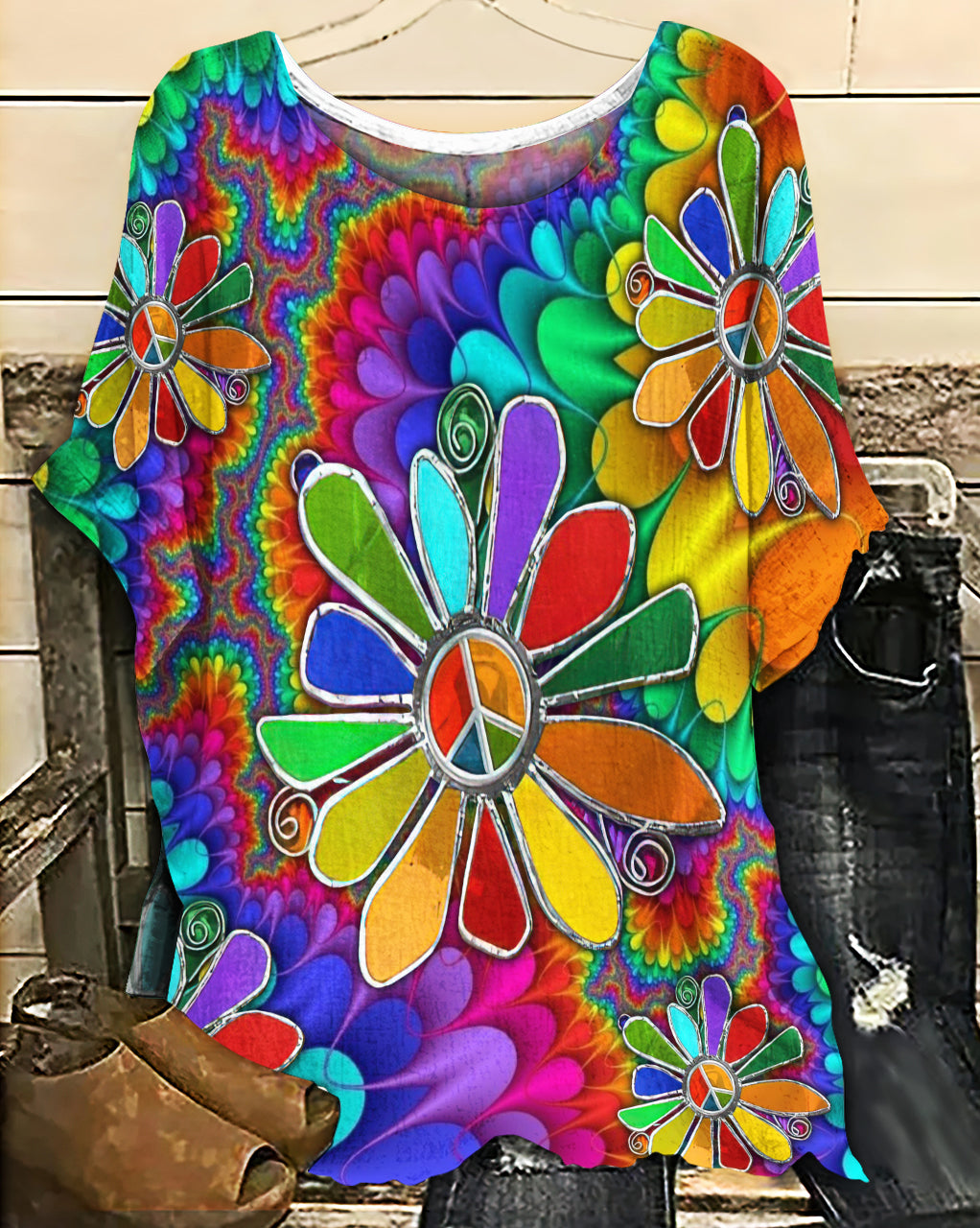 Hippie Flower Colorful Style - Women's T-shirt With Bat Sleeve - Owls Matrix LTD