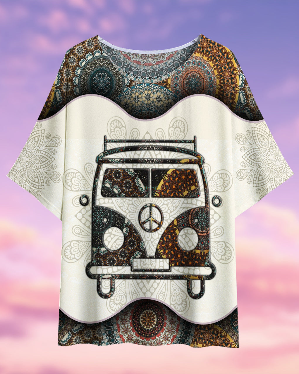 Hippie Bus Mandala Style - Women's T-shirt With Bat Sleeve - Owls Matrix LTD