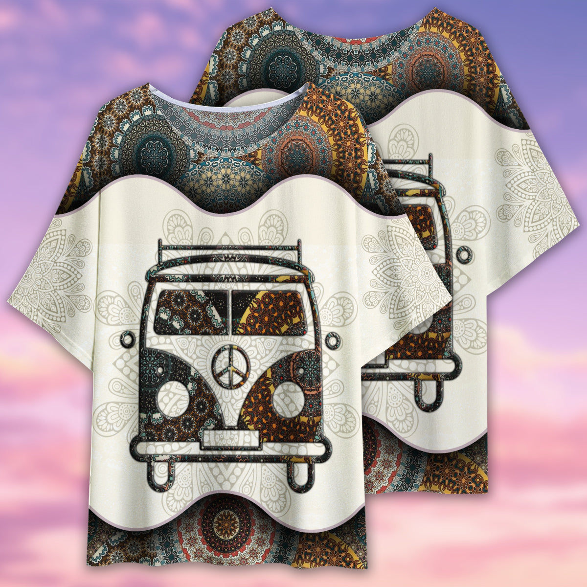 Hippie Bus Mandala Style - Women's T-shirt With Bat Sleeve - Owls Matrix LTD