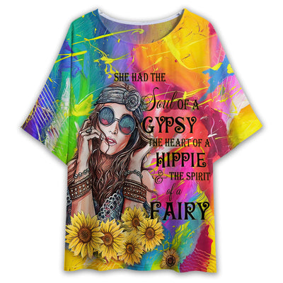 S Hippie Heart And Gypsy Soul - Women's T-shirt With Bat Sleeve - Owls Matrix LTD