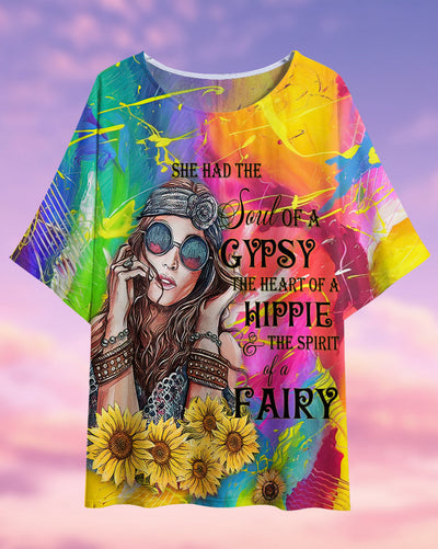 Hippie Heart And Gypsy Soul - Women's T-shirt With Bat Sleeve - Owls Matrix LTD