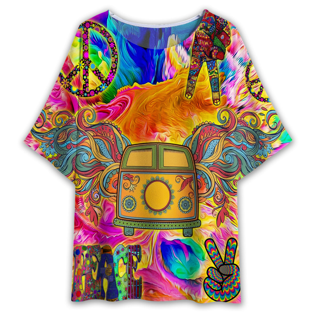 S Hippie Bus Love Life - Women's T-shirt With Bat Sleeve - Owls Matrix LTD