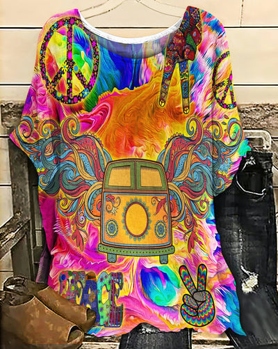 Hippie Bus Love Life - Women's T-shirt With Bat Sleeve - Owls Matrix LTD