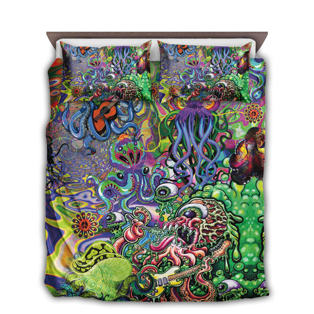 US / Twin (68" x 86") Hippie Funny Octopus Love Music Colorful Ocean - Bedding Cover - Owls Matrix LTD