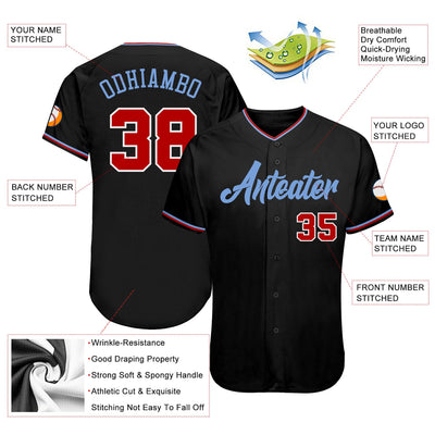 Custom Black Red-Light Blue Authentic Baseball Jersey - Owls Matrix LTD
