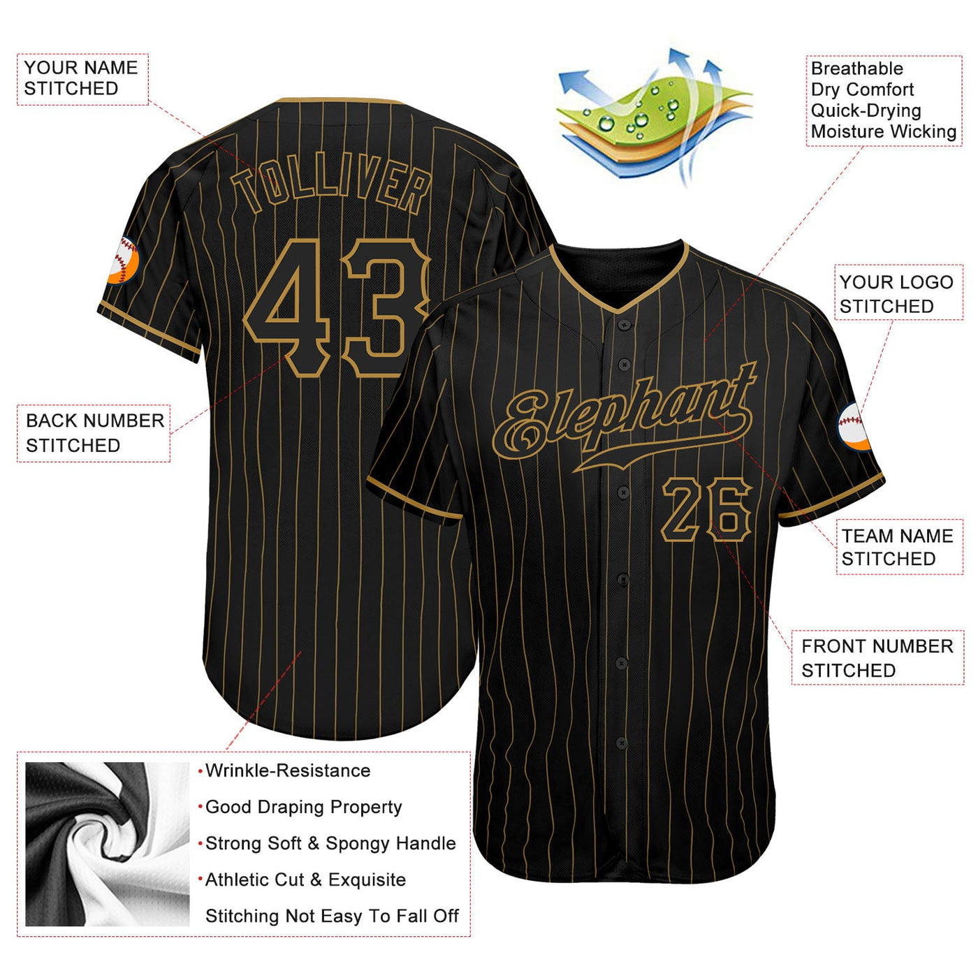 Custom Black Old Gold Pinstripe Black Authentic Baseball Jersey - Owls Matrix LTD