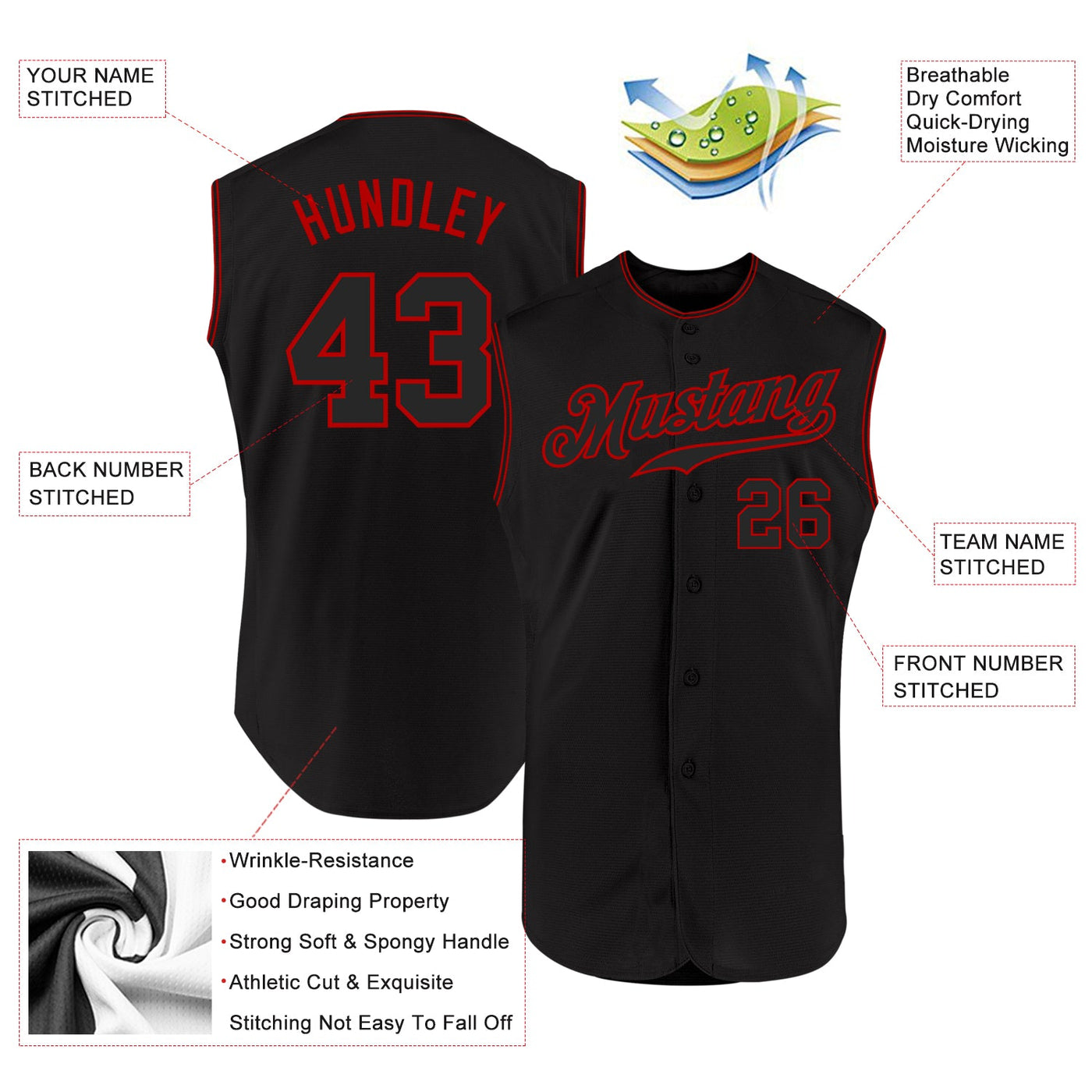 Custom Black Black-Red Authentic Sleeveless Baseball Jersey - Owls Matrix LTD