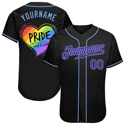 Custom Black Purple-Light Blue Rainbow Colored Heart For Pride Love Is Love LGBT Authentic Baseball Jersey - Owls Matrix LTD
