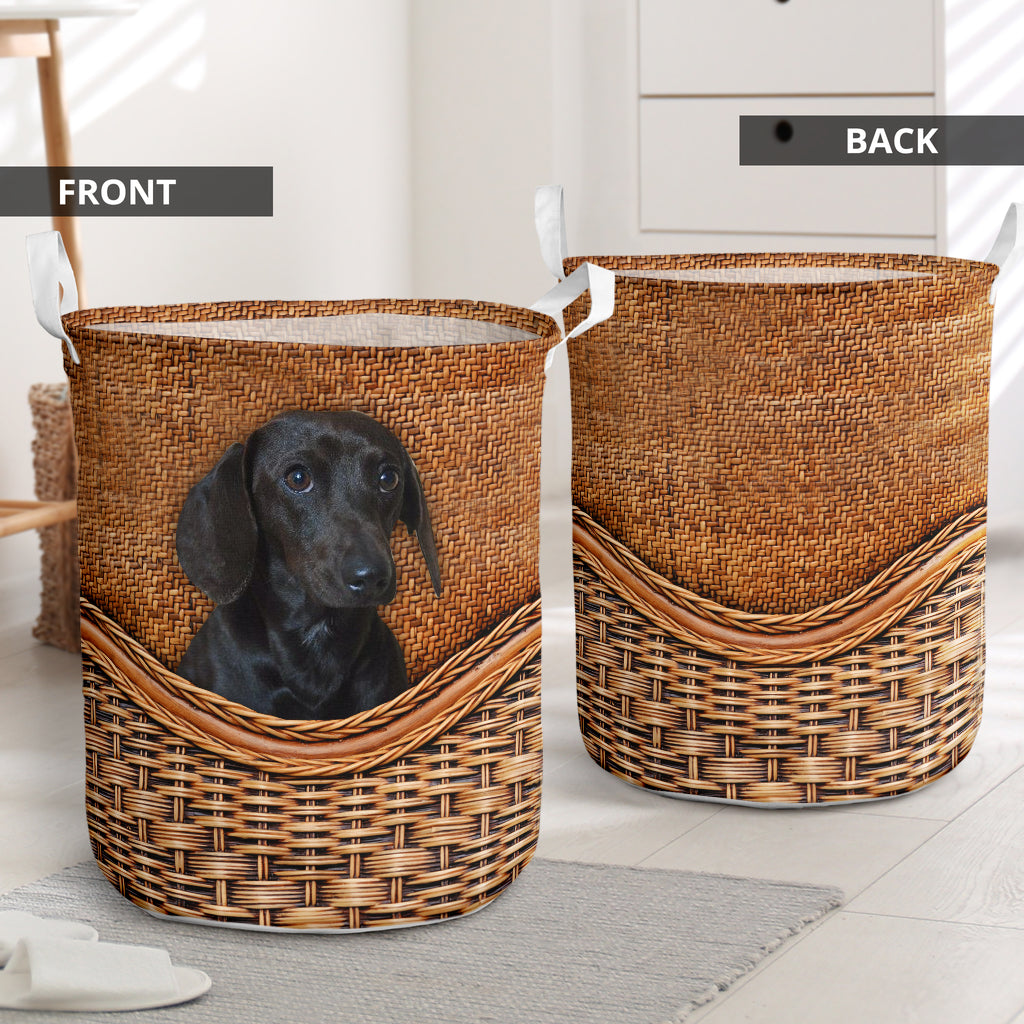 Black Dachshund Dog Rattan Teaxture - Laundry Basket - Owls Matrix LTD