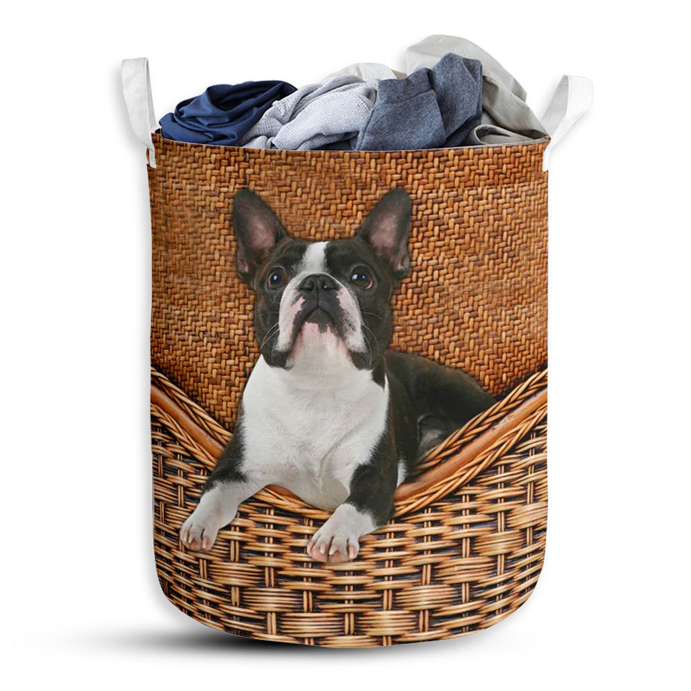 S: 17.72”x13.78” (45x35 cm) Boston Terrier Dog Rattan Teaxture - Laundry Basket - Owls Matrix LTD