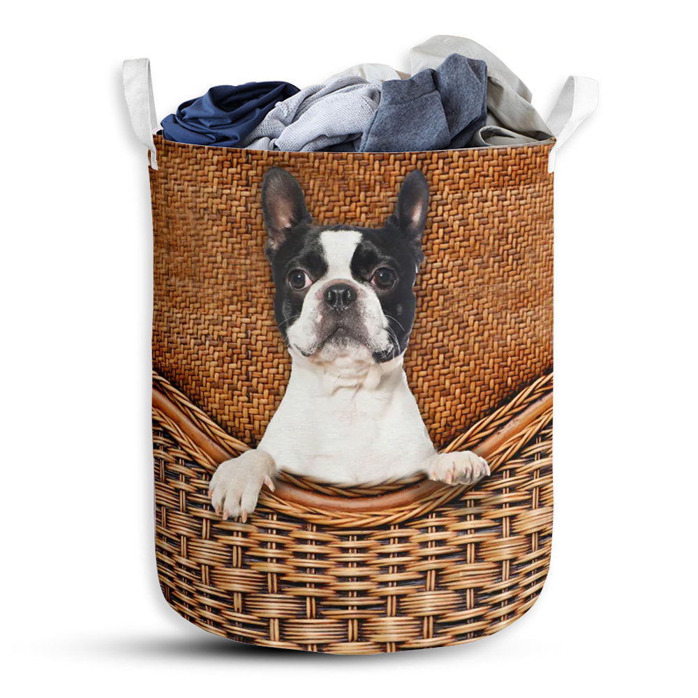 S: 17.72”x13.78” (45x35 cm) Boston Terrier Dog Rattan Teaxture Style - Laundry Basket - Owls Matrix LTD
