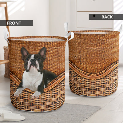 Boston Terrier Dog Rattan Teaxture - Laundry Basket - Owls Matrix LTD