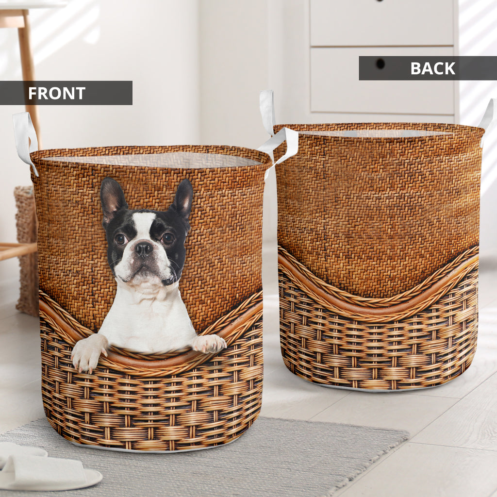 Boston Terrier Dog Rattan Teaxture Style - Laundry Basket - Owls Matrix LTD