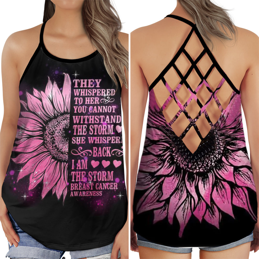 S Breast Cancer Awareness Summer: They Whispered To Her With Pink Flower - Cross Open Back Tank Top - Owls Matrix LTD