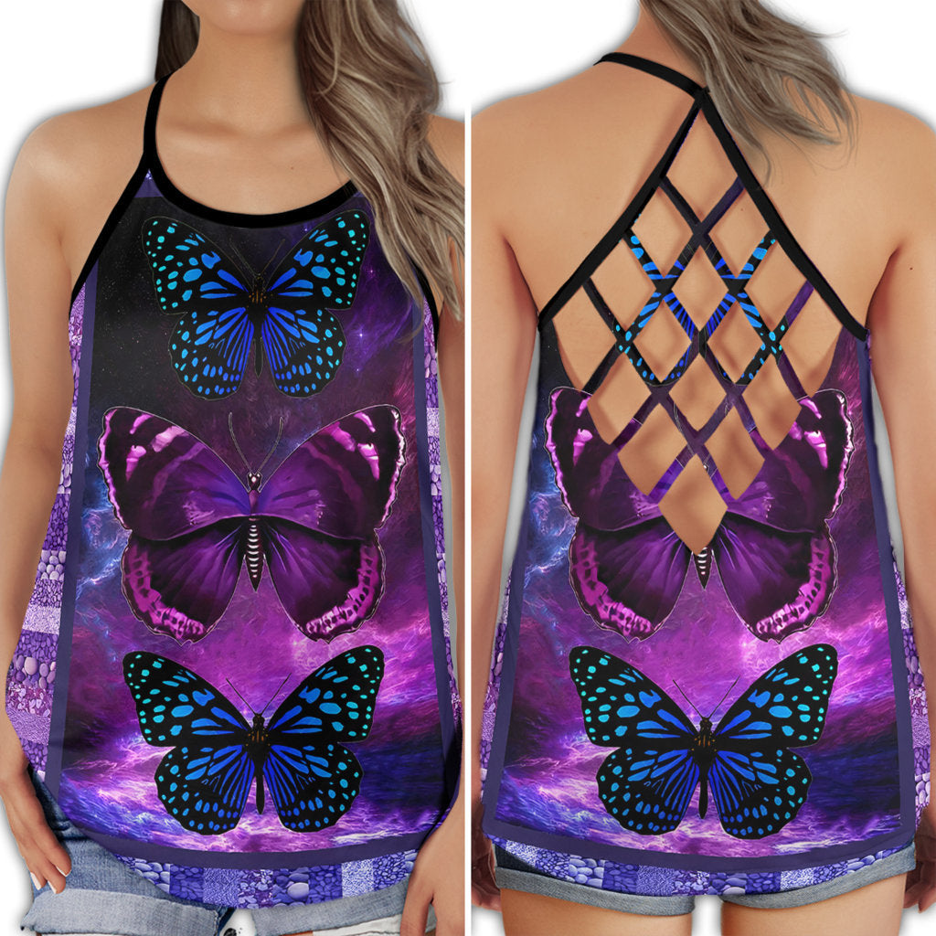 S Butterfly Beautiful Everyday With Purple - Cross Open Back Tank Top - Owls Matrix LTD