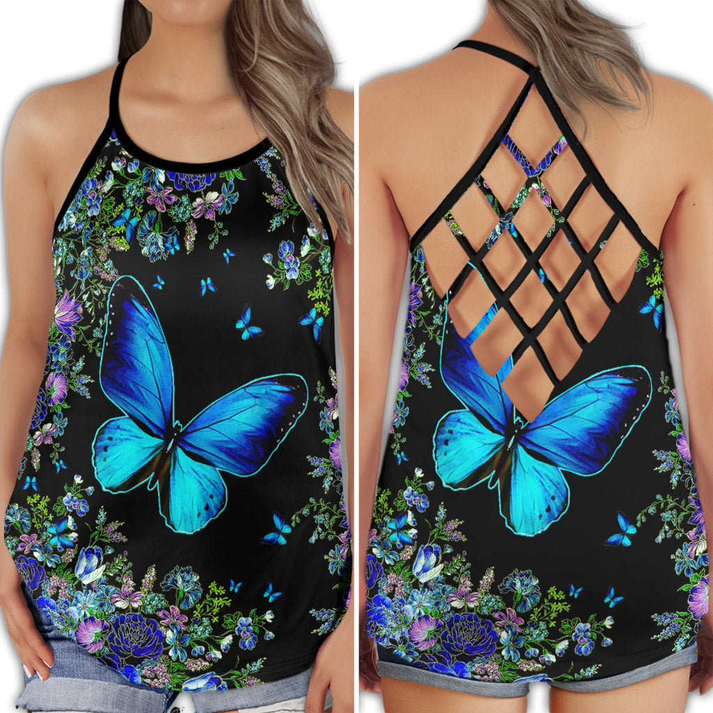 S Butterfly Beautiful Everyday With Blue - Cross Open Back Tank Top - Owls Matrix LTD