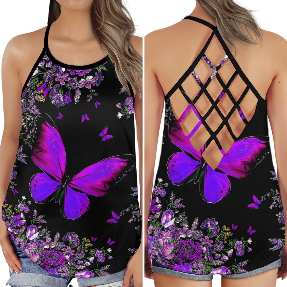 S Butterfly Beautiful Everyday With Flower - Cross Open Back Tank Top - Owls Matrix LTD