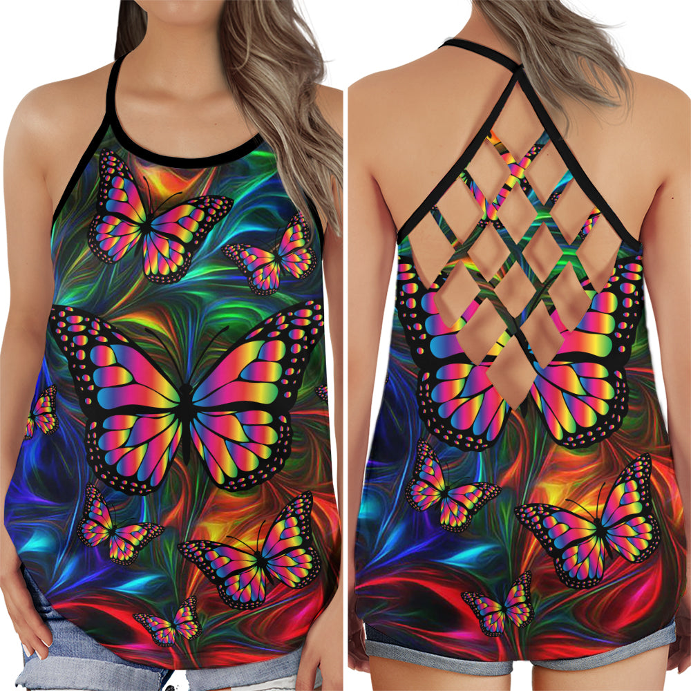 S Butterfly Colorful Everyday - Cross Open Back Tank Top - Owls Matrix LTD