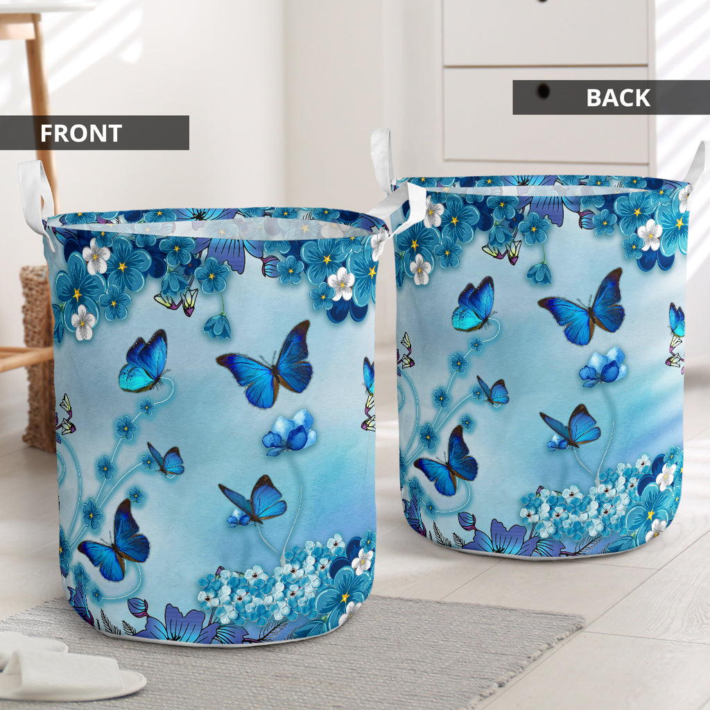 Butterfly Flower Blue Colorful - Laundry Basket - Owls Matrix LTD