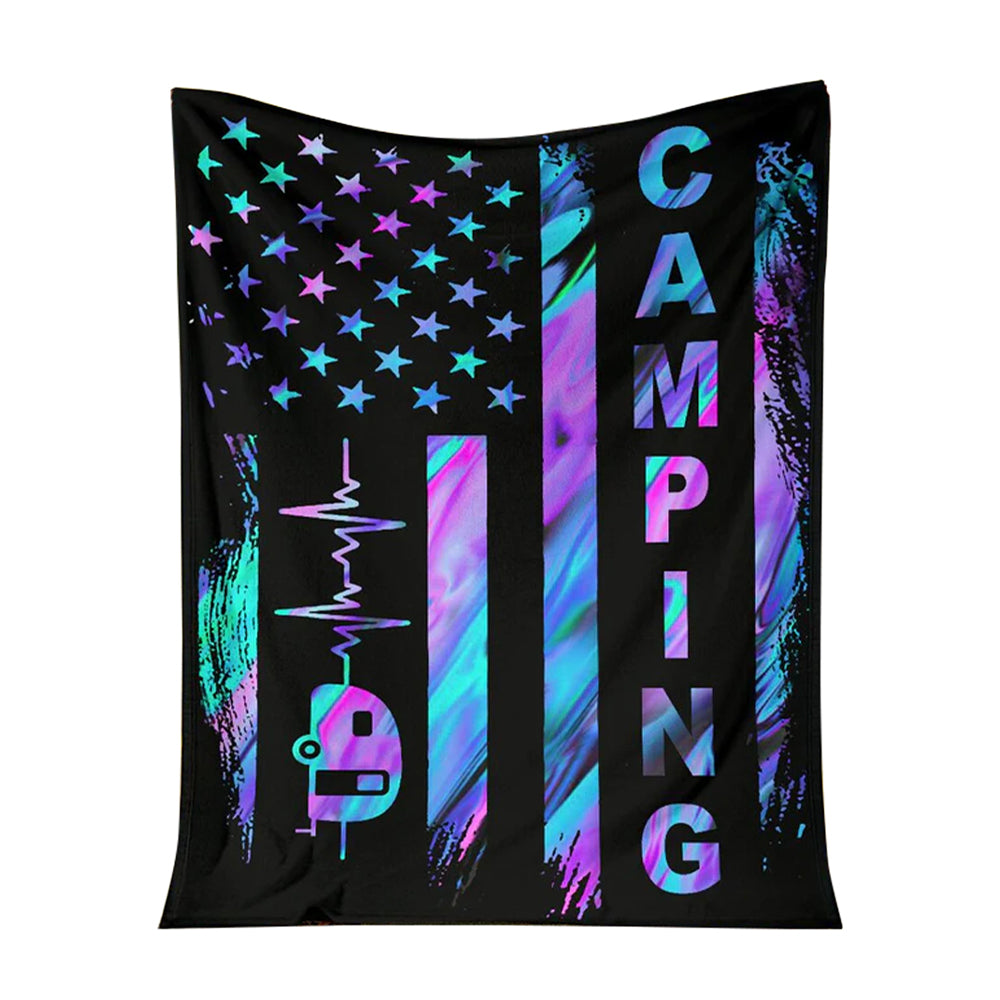 50" x 60" Camping American Flag Camping Beat - Flannel Blanket - Owls Matrix LTD