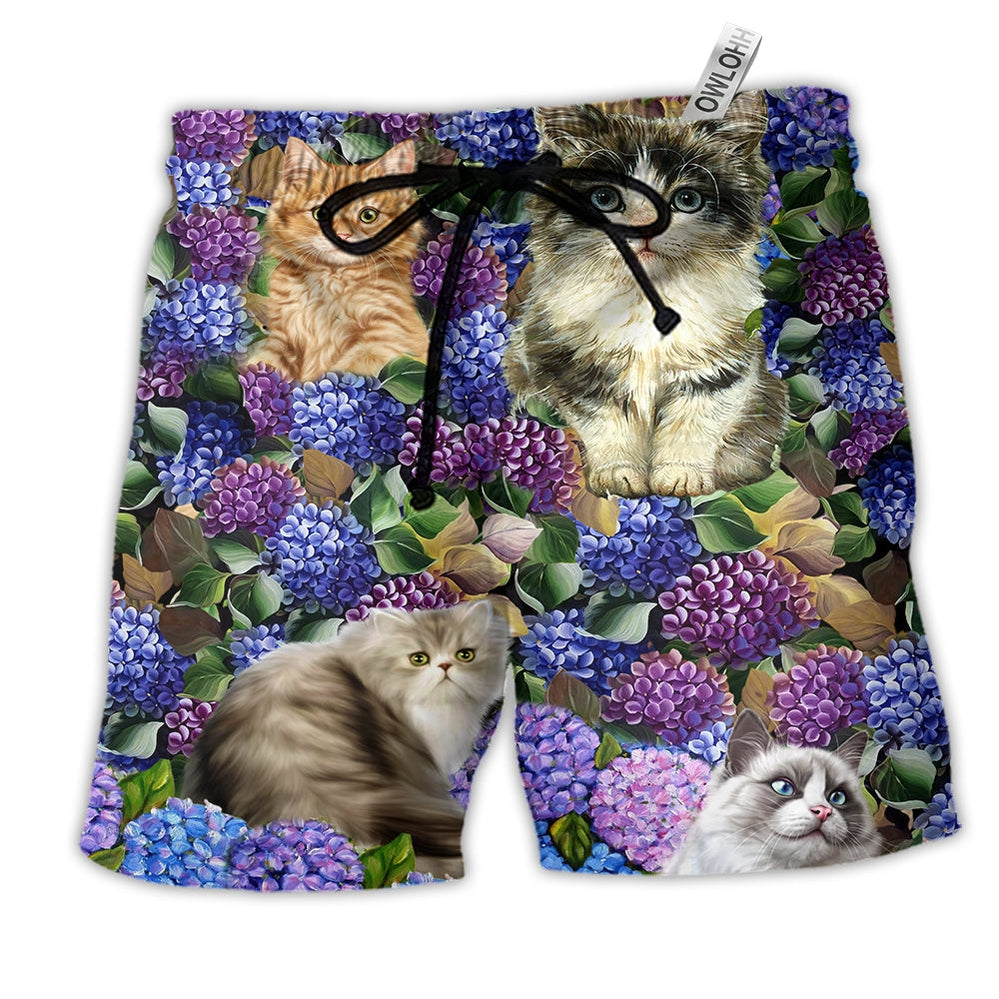 Beach Short / Adults / S Cat Lovely And Flowers Purple - Beach Short - Owls Matrix LTD
