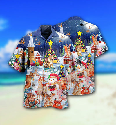 Christmas Happy Animals In Night - Hawaiian Shirt - Owls Matrix LTD