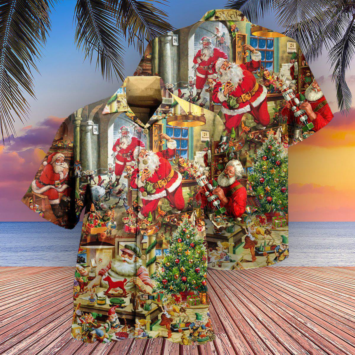 Christmas Santa's Toy Workshop Christmas Night - Hawaiian Shirt - Owls Matrix LTD