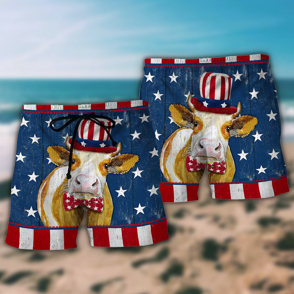 Cow Independence Day Funny - Beach Short - Owls Matrix LTD